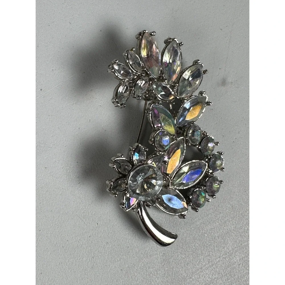 Vintage Clear Rhinestone Brooch Pin Silver Tone Statement Colors In Light